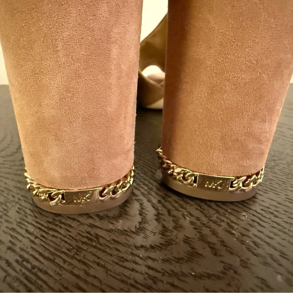 Michael Kors Sabrina tan Suede Open Toe Pump Bootie Heels size 9.5